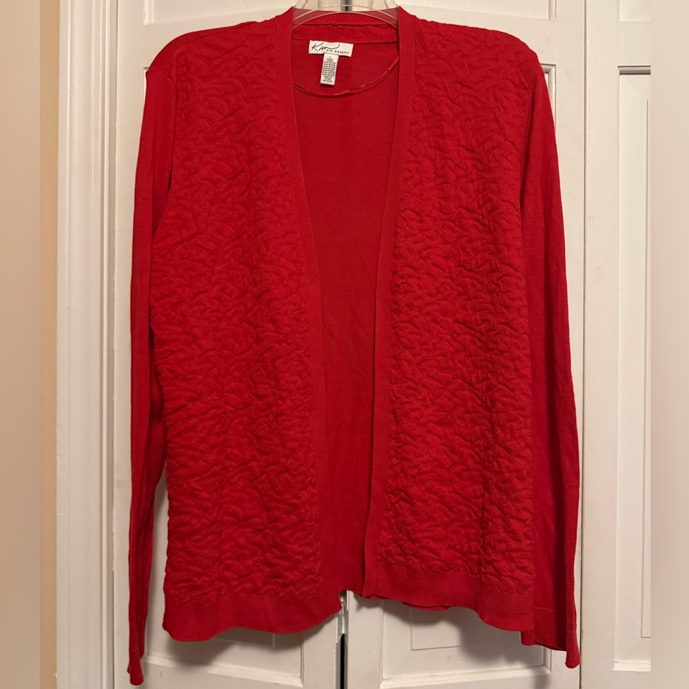 Kim Rogers large Vibrant Red Cardigan Sweater textured front thin lightweight - Picture 1 of 5